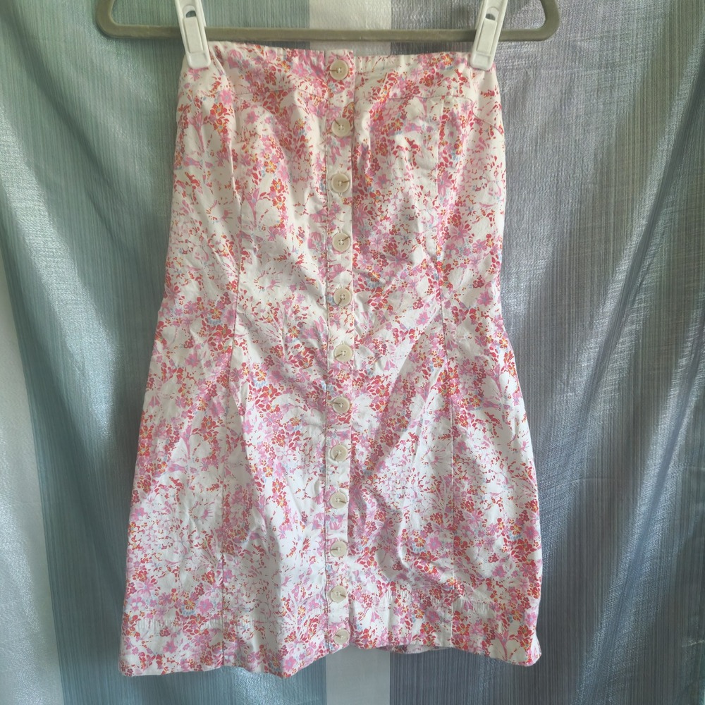 Free People Pink Floral Strapless Tomas Mini Dress Button Front Smocked Size M